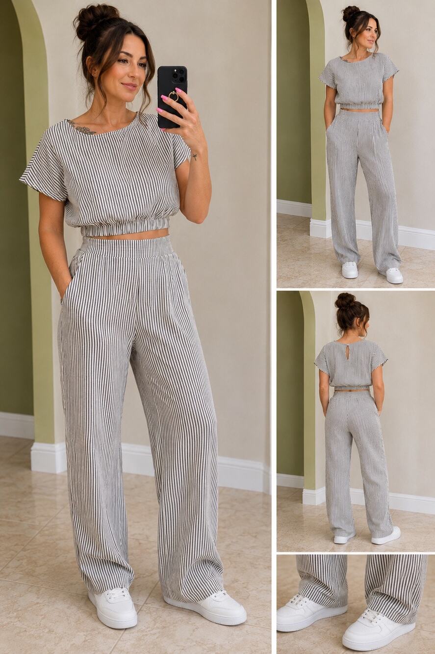 Timing NWT Black White Striped Two Piece Crop Top Pant Set Small